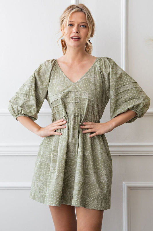 Easel Bandana Printed V Neckline Loose Fit Half Bubble Sleeves Dress - Roulhac Fashion Boutique