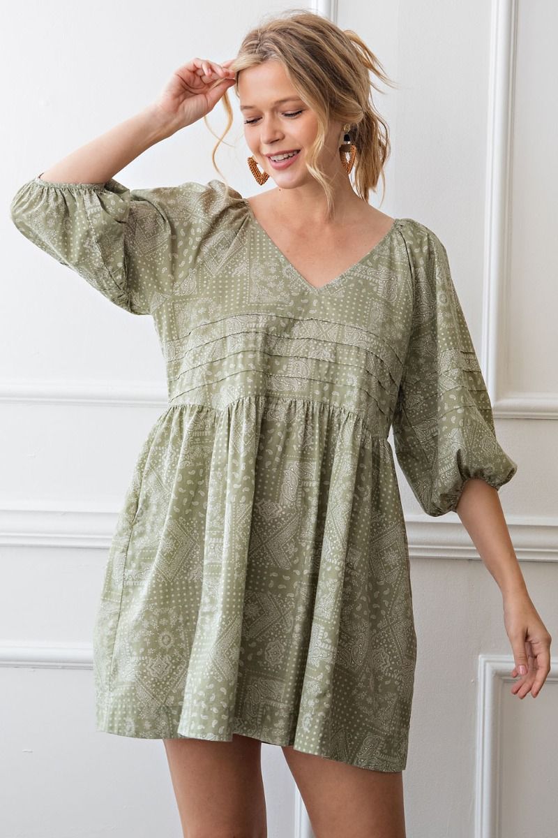 Easel Bandana Printed V Neckline Loose Fit Half Bubble Sleeves Dress - Roulhac Fashion Boutique