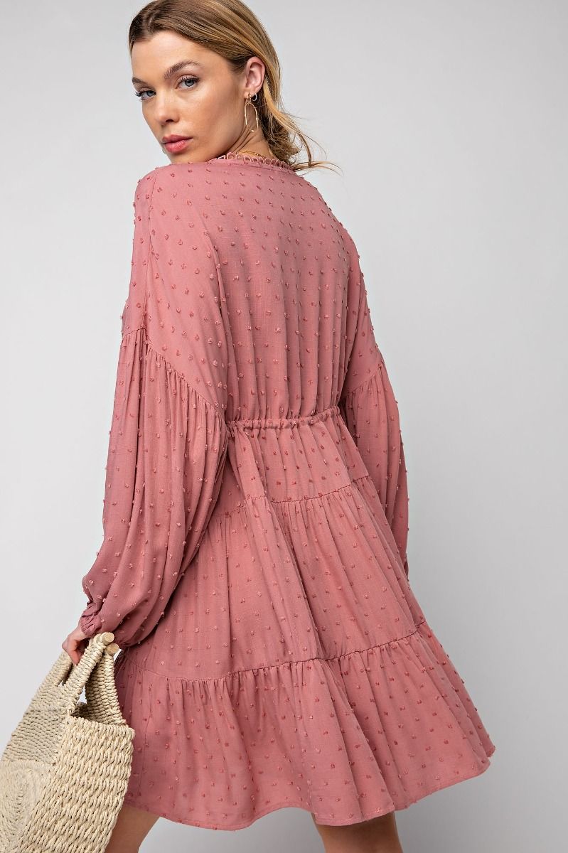 Easel Cinnamon Pompom Challie Swiss Dot V Neck Ruffle Bottom Flowy Dress - Roulhac Fashion Boutique