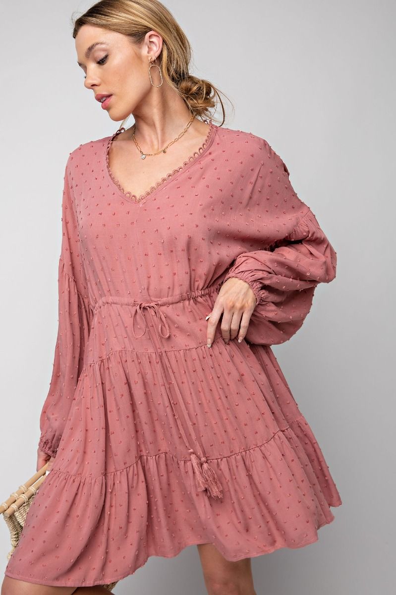 Easel Cinnamon Pompom Challie Swiss Dot V Neck Ruffle Bottom Flowy Dress - Roulhac Fashion Boutique