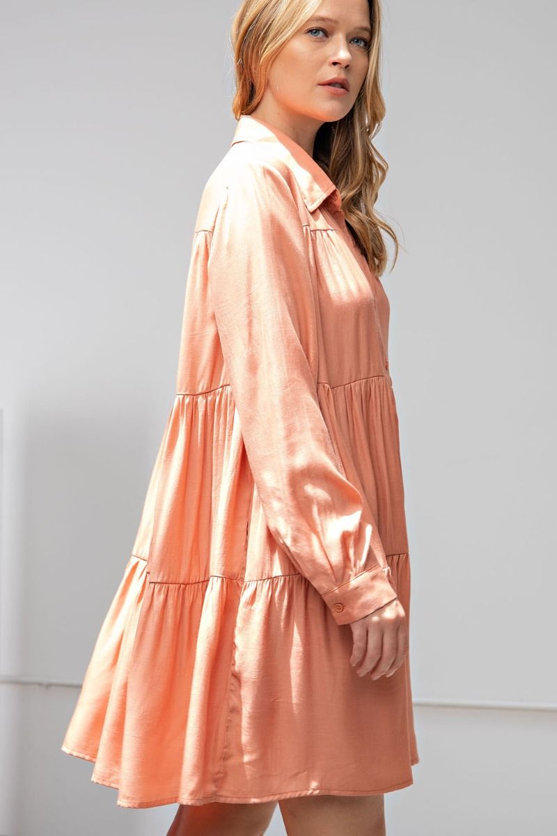 Easel Button Down Classic Collared Neck Ruffled Shirt Tunic Dress - Roulhac Fashion Boutique