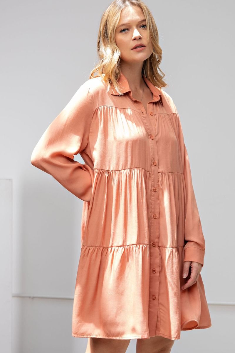 Easel Button Down Classic Collared Neck Ruffled Shirt Tunic Dress - Roulhac Fashion Boutique