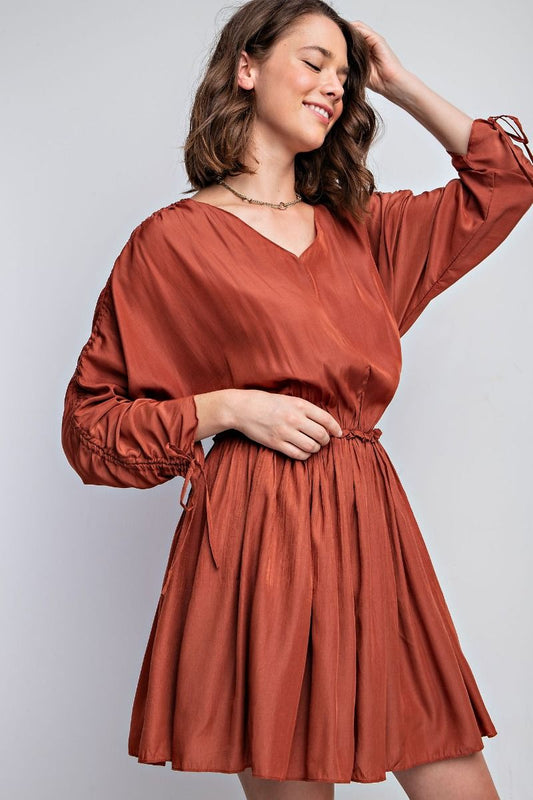 Easel Brick Tie Neck Closure Ruched Dull Satin V Neckline Pleated Skirt Dress - Roulhac Fashion Boutique