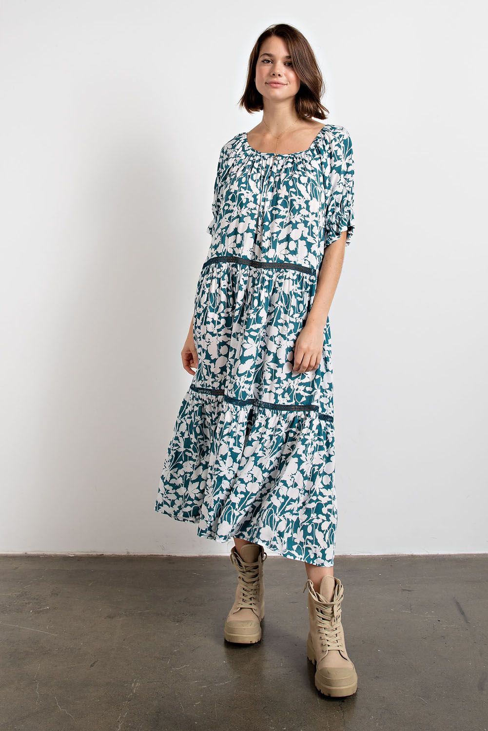 Easel Elasticized Edges U Neckline Crochet Lace Trim Relaxed Ruffled Dress - Roulhac Fashion Boutique