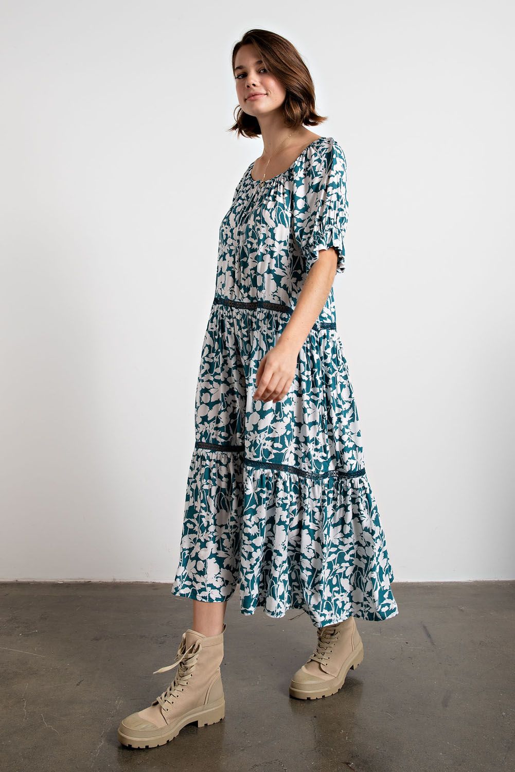 Easel Elasticized Edges U Neckline Crochet Lace Trim Relaxed Ruffled Dress - Roulhac Fashion Boutique