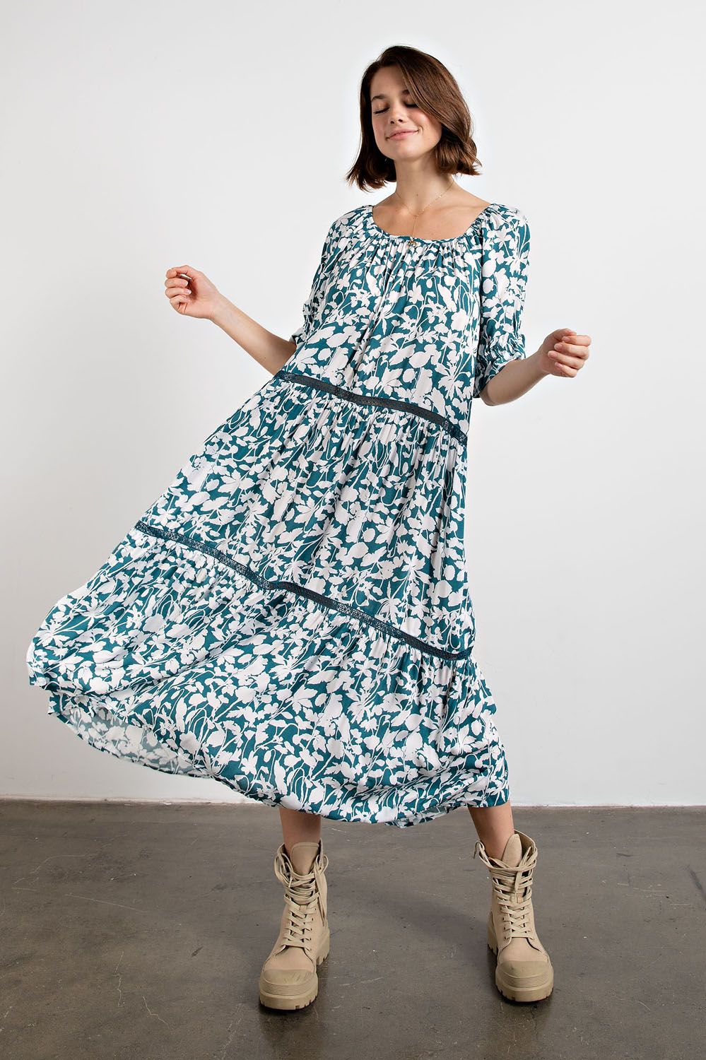 Easel Elasticized Edges U Neckline Crochet Lace Trim Relaxed Ruffled Dress - Roulhac Fashion Boutique