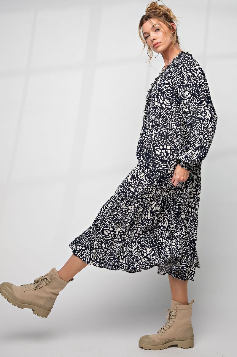 Easel Animal Leopard Printed Button Closures Front V Neckline Ruffled Dress - Roulhac Fashion Boutique