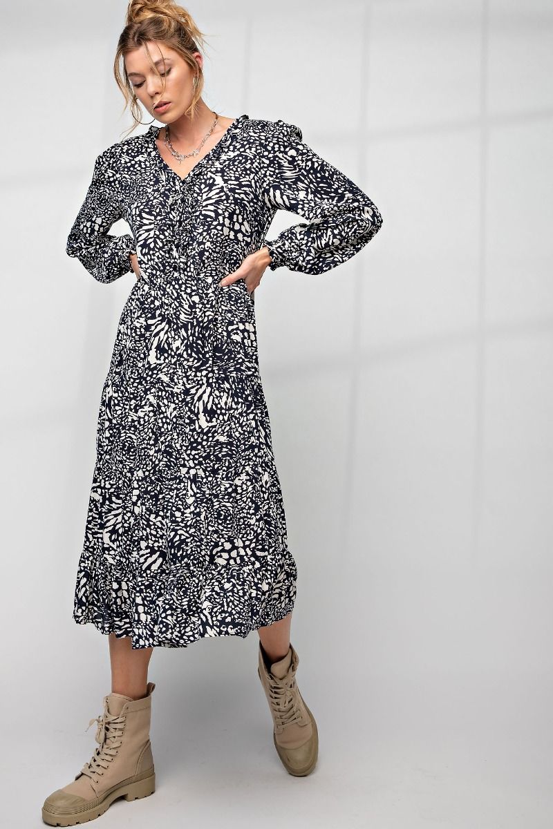 Easel Animal Leopard Printed Button Closures Front V Neckline Ruffled Dress - Roulhac Fashion Boutique