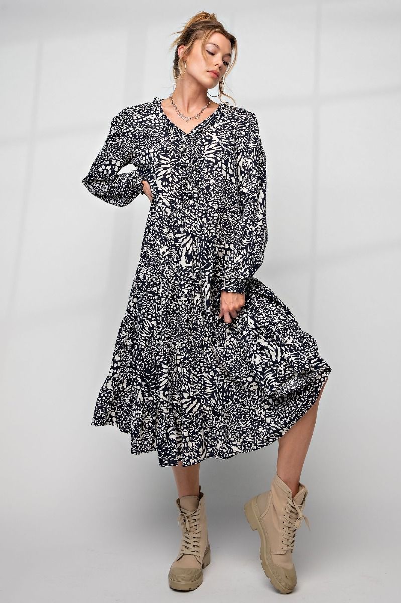 Easel Animal Leopard Printed Button Closures Front V Neckline Ruffled Dress - Roulhac Fashion Boutique