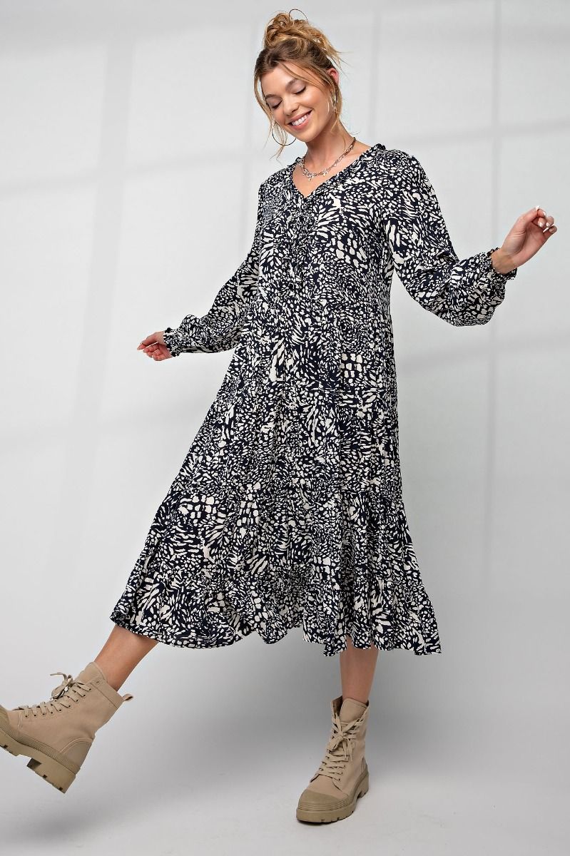 Easel Animal Leopard Printed Button Closures Front V Neckline Ruffled Dress - Roulhac Fashion Boutique