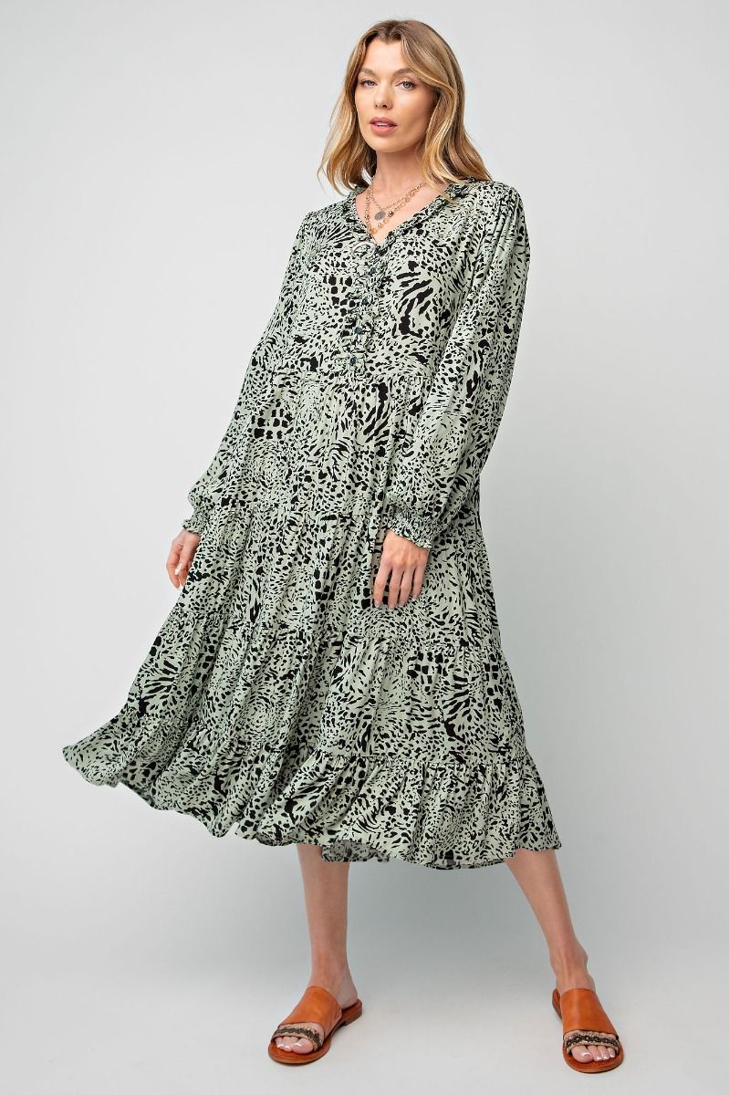 Easel Animal Leopard Printed Button Closures Front V Neckline Ruffled Dress - Roulhac Fashion Boutique