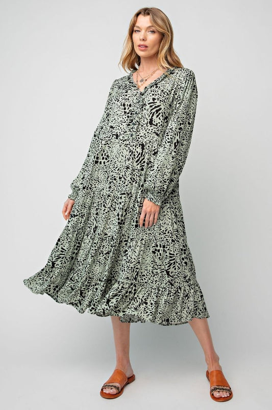Easel Animal Leopard Printed Button Closures Front V Neckline Ruffled Dress - Roulhac Fashion Boutique
