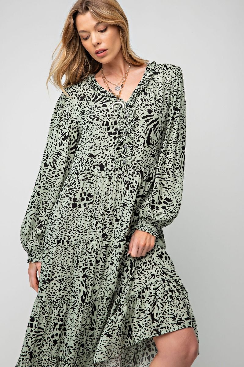 Easel Animal Leopard Printed Button Closures Front V Neckline Ruffled Dress - Roulhac Fashion Boutique