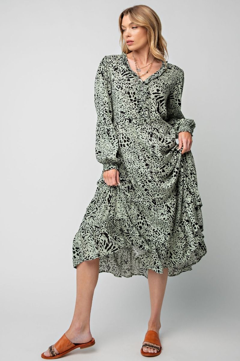 Easel Animal Leopard Printed Button Closures Front V Neckline Ruffled Dress - Roulhac Fashion Boutique