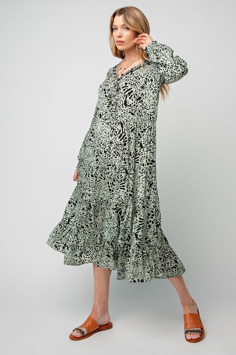 Easel Animal Leopard Printed Button Closures Front V Neckline Ruffled Dress - Roulhac Fashion Boutique