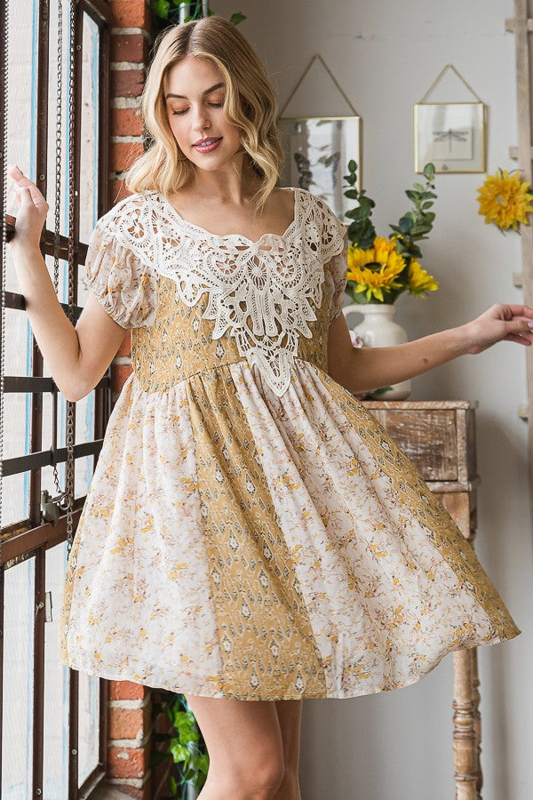 Oli & Hali Crochet Yoke Printed Dress