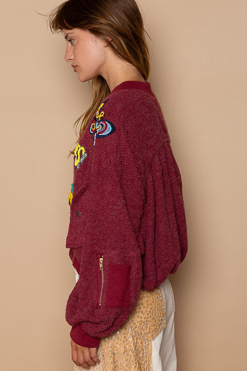 POL Patch Embellishment Ruched Sleeve Sweater Cropped Fit Jacket