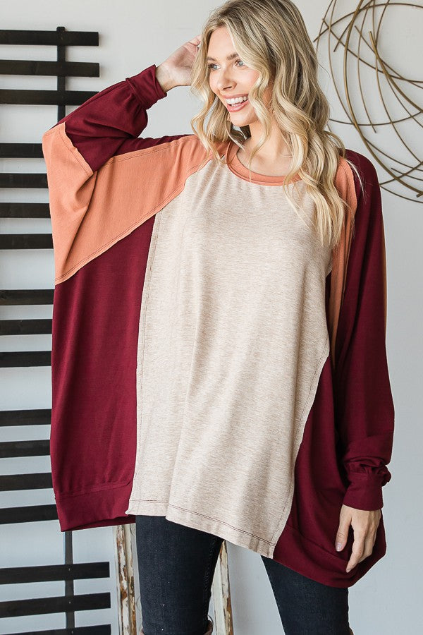 Oli & Hali Color Block Knit Detail Oversized Top