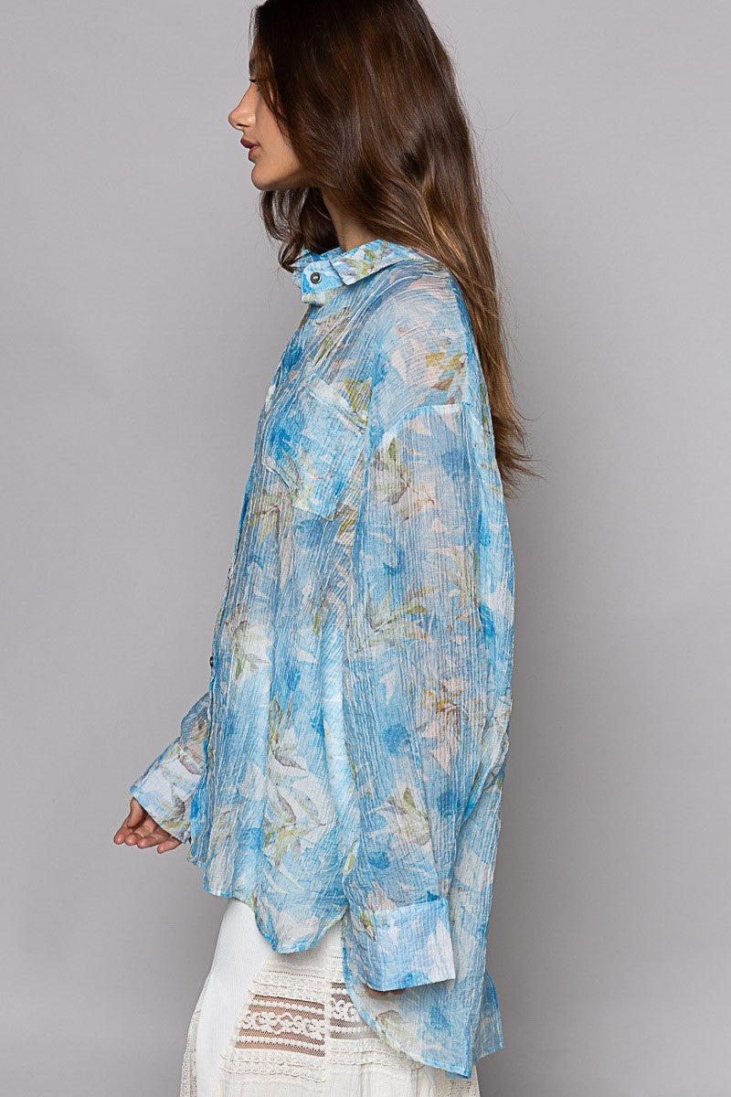 POL Floral Print Oversize Long Sleeve Button Down Top
