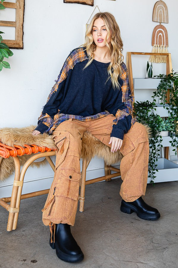 Oli & Hali Washed Long Sleeve Plaid Detail Top