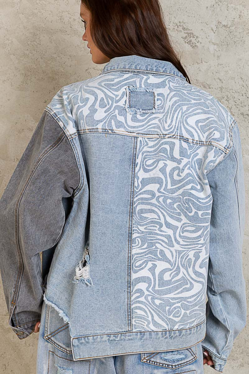 POL Oversize Contrast Marbling Pattern Relaxed Fit Denim Jacket