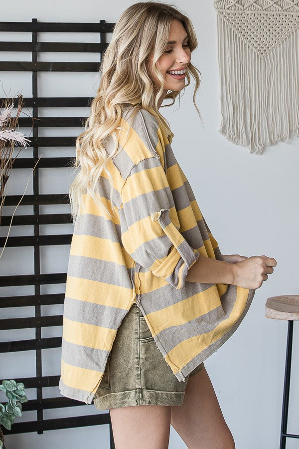 Oli & Hali Mineral Washed Striped Three Quarter Sleeves Top
