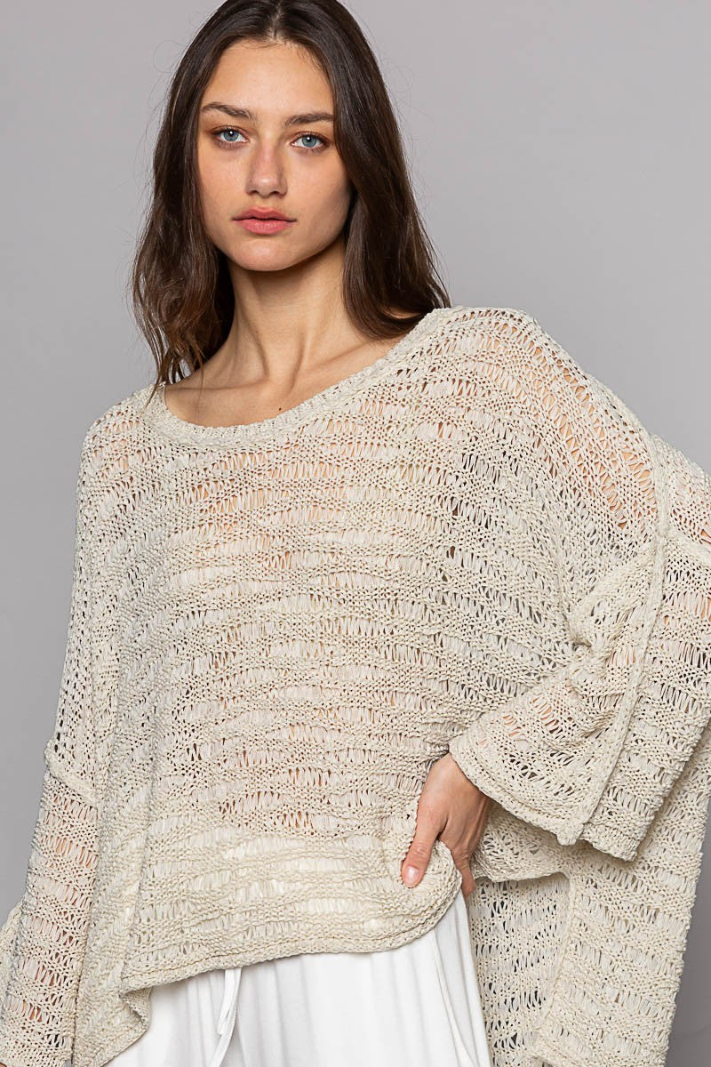 POL Round Neck Side Open Slit Lightweight Sweater Top