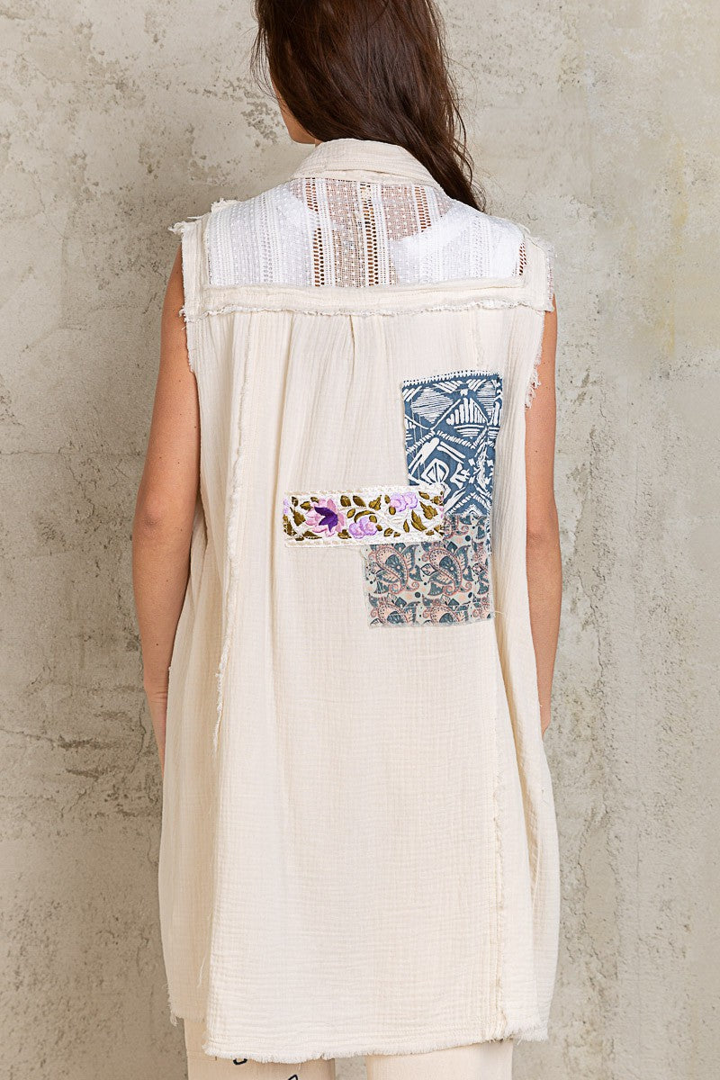 POL Sleeveless Button Down Patch Gauze Frayed Edge Dress Top Jacket