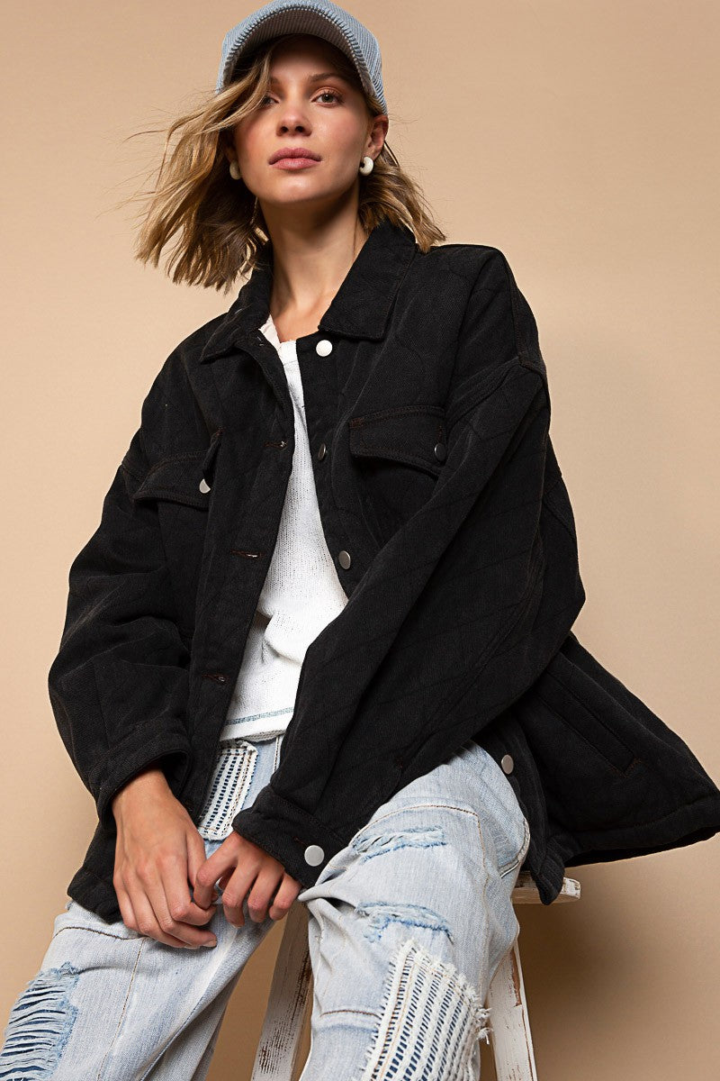 POL Long Sleeve Relaxed Fit Quilted Twill Button Down Jacket