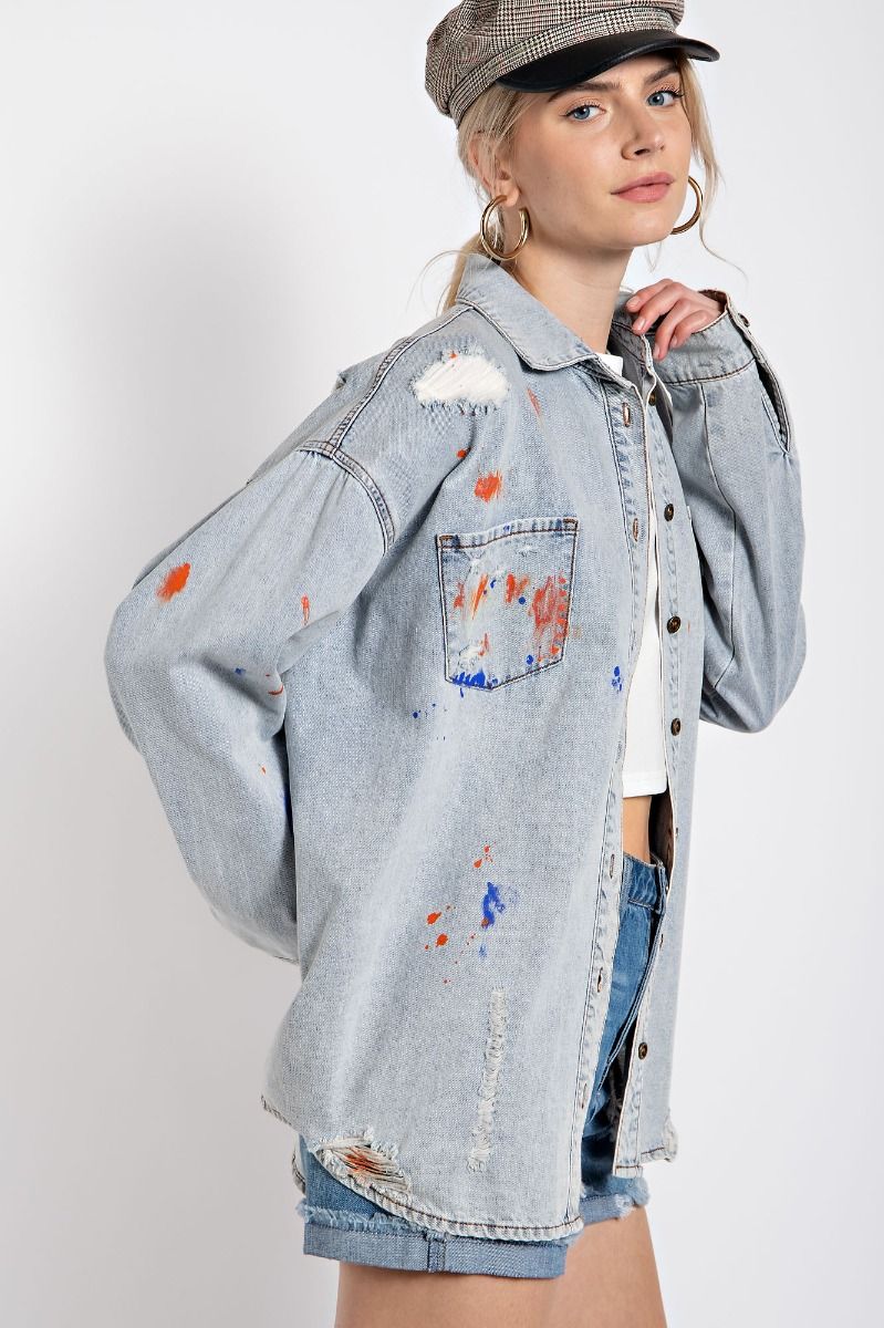 Easel Distressed Button Down Washed Collared Loose Fit Shirt - Roulhac Fashion Boutique