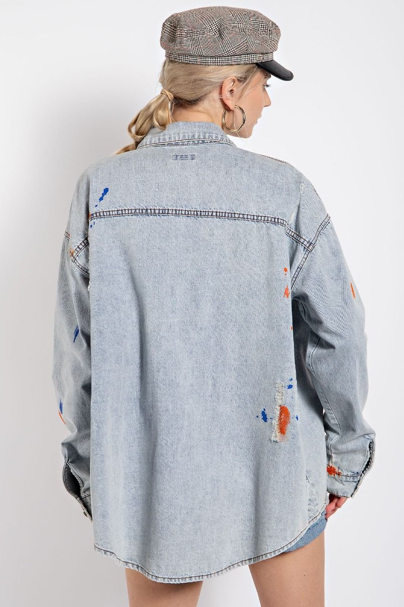 Easel Distressed Button Down Washed Collared Loose Fit Shirt - Roulhac Fashion Boutique