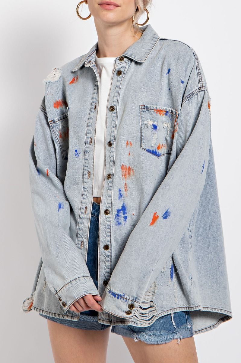 Easel Distressed Button Down Washed Collared Loose Fit Shirt - Roulhac Fashion Boutique