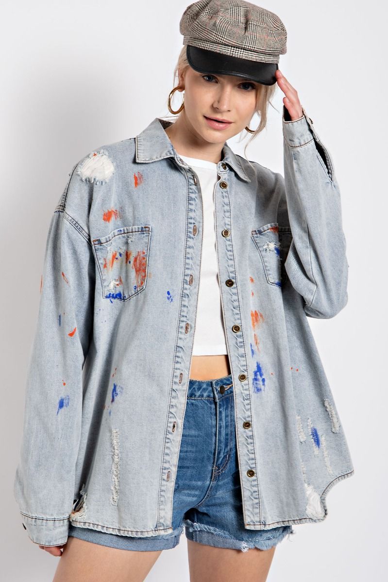 Easel Distressed Button Down Washed Collared Loose Fit Shirt - Roulhac Fashion Boutique