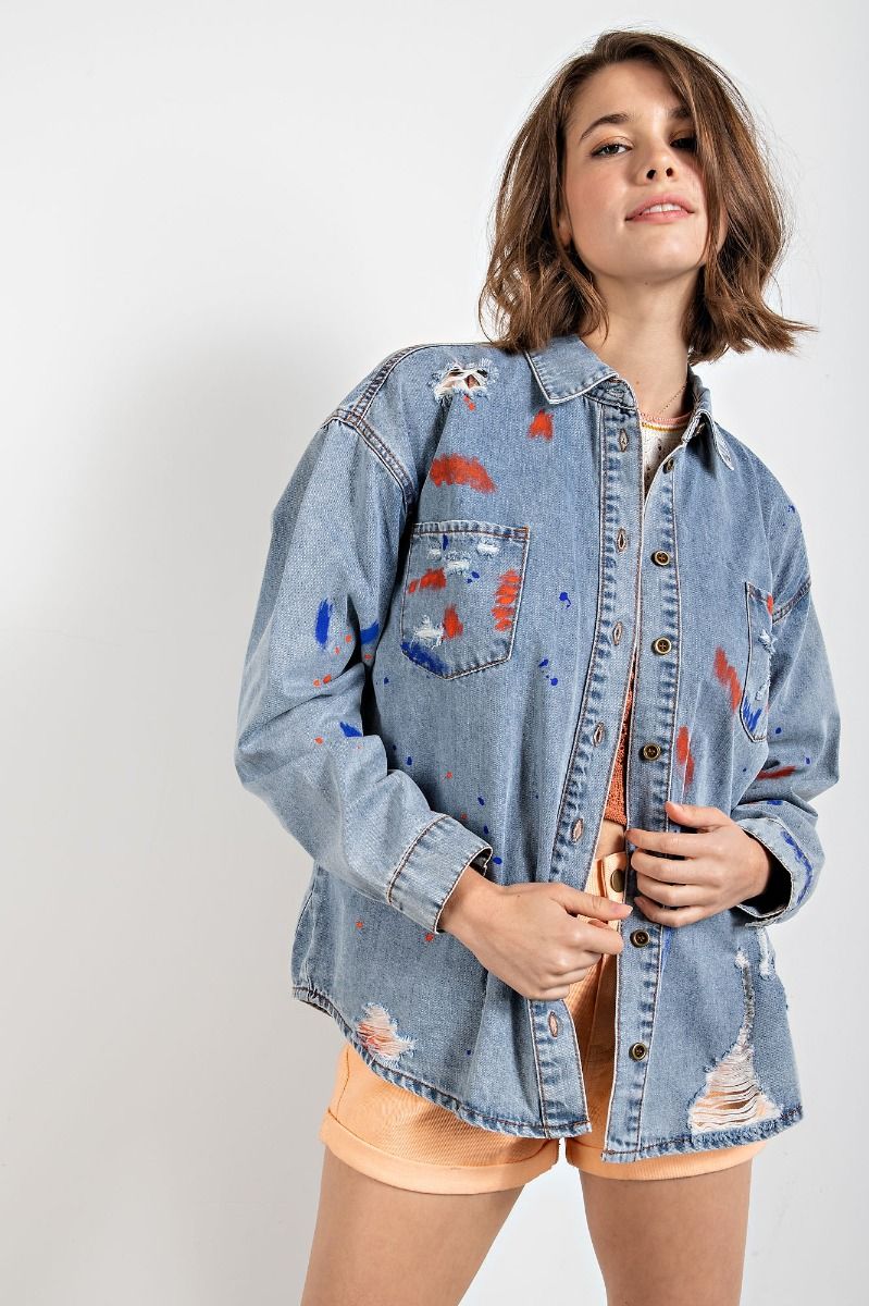 Easel Distressed Button Down Washed Collared Loose Fit Shirt - Roulhac Fashion Boutique