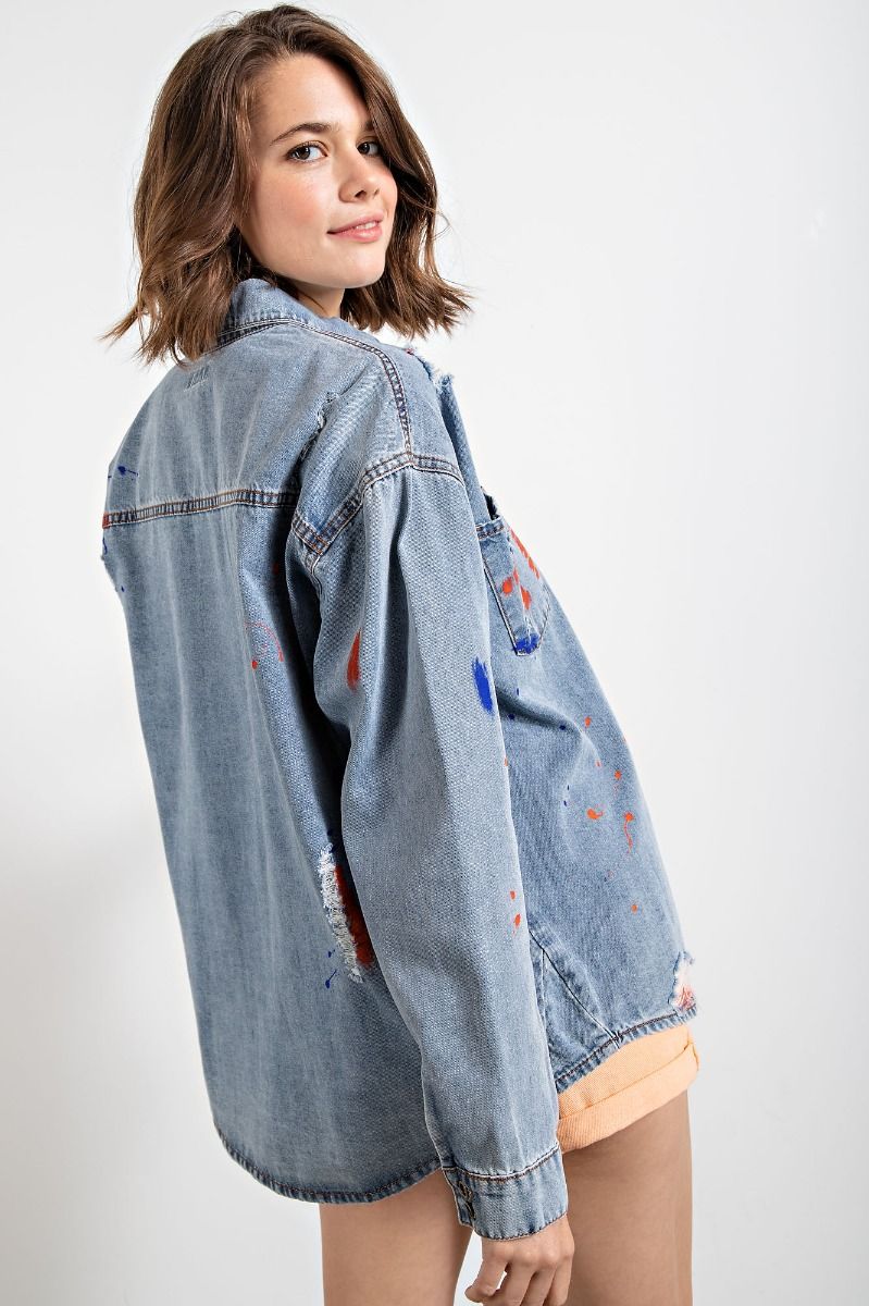 Easel Distressed Button Down Washed Collared Loose Fit Shirt