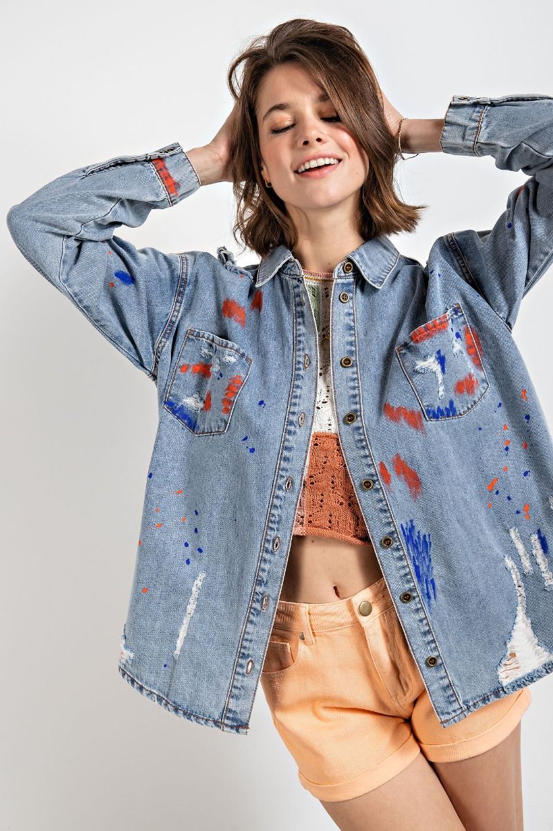 Easel Distressed Button Down Washed Collared Loose Fit Shirt - Roulhac Fashion Boutique