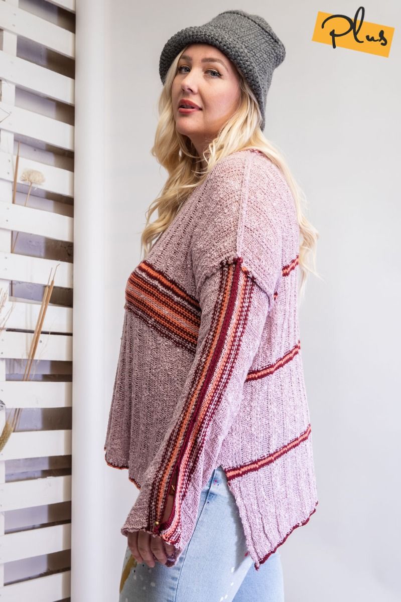 Easel Plus Date Striped Rounded Neck Hi Low Side Slits Sweater - Roulhac Fashion Boutique