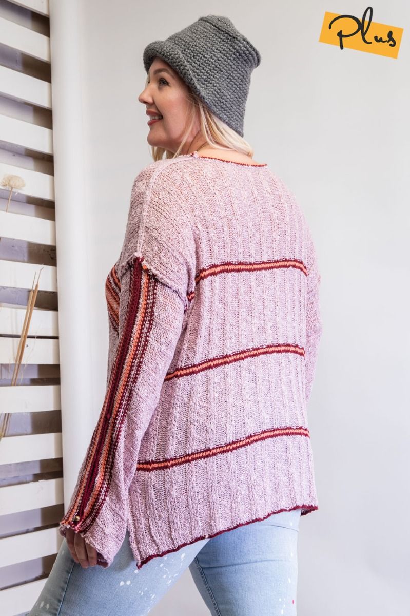 Easel Plus Date Striped Rounded Neck Hi Low Side Slits Sweater - Roulhac Fashion Boutique