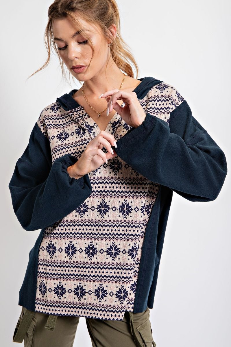 Easel Brushed Snowflake Patterned V Neck Loose Fit Pullover Hoodie - Roulhac Fashion Boutique