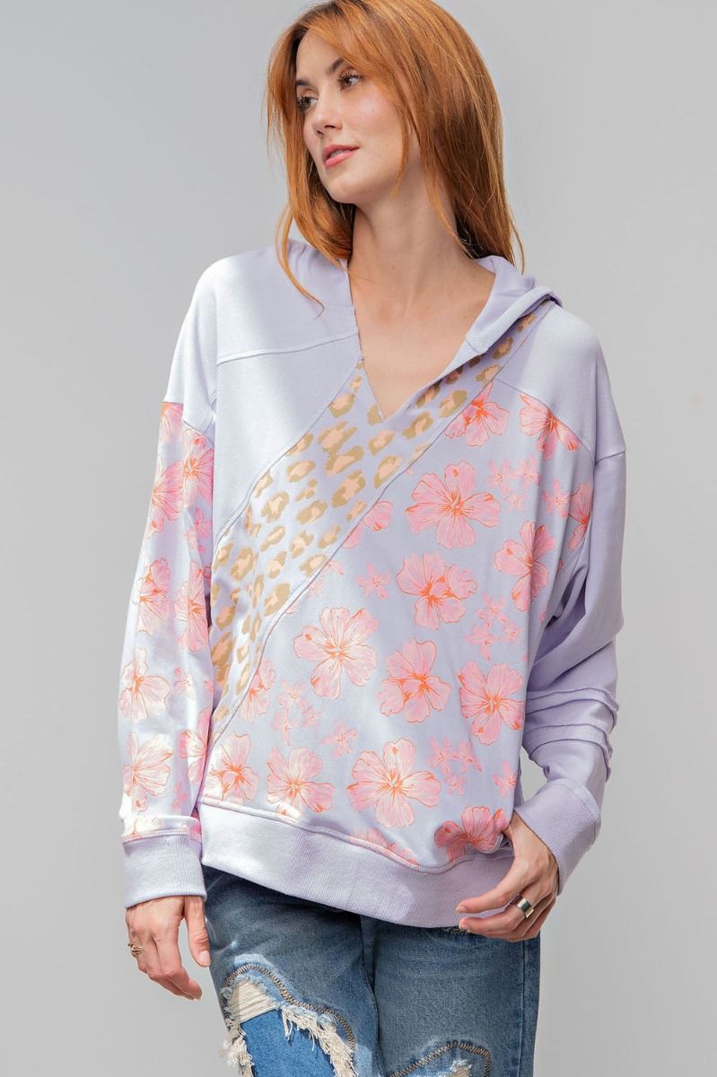 Easel Floral Mix Printed Terry Knit Ribbed Hem Pullover Hoodie - Roulhac Fashion Boutique