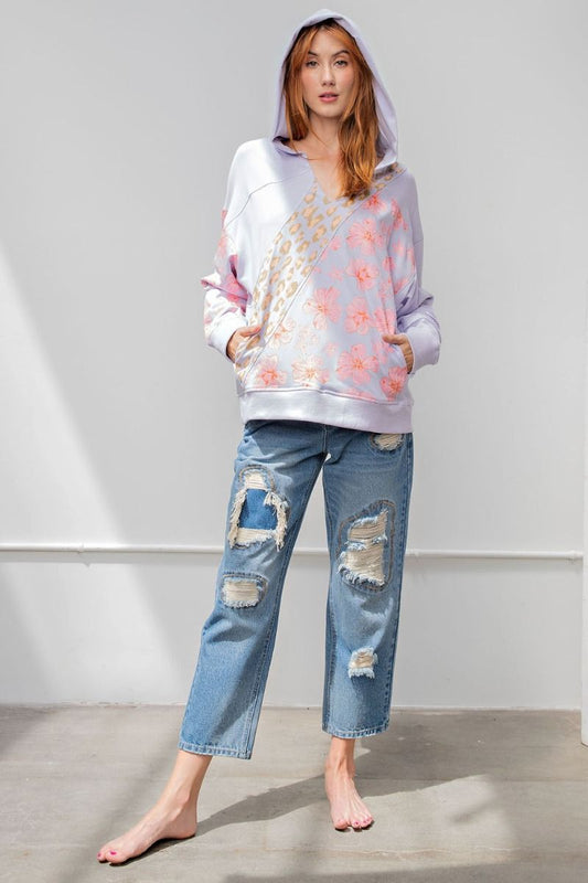 Easel Floral Mix Printed Terry Knit Ribbed Hem Pullover Hoodie - Roulhac Fashion Boutique