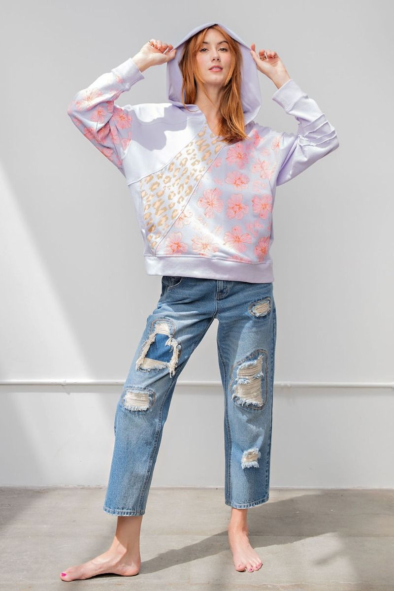 Easel Floral Mix Printed Terry Knit Ribbed Hem Pullover Hoodie - Roulhac Fashion Boutique