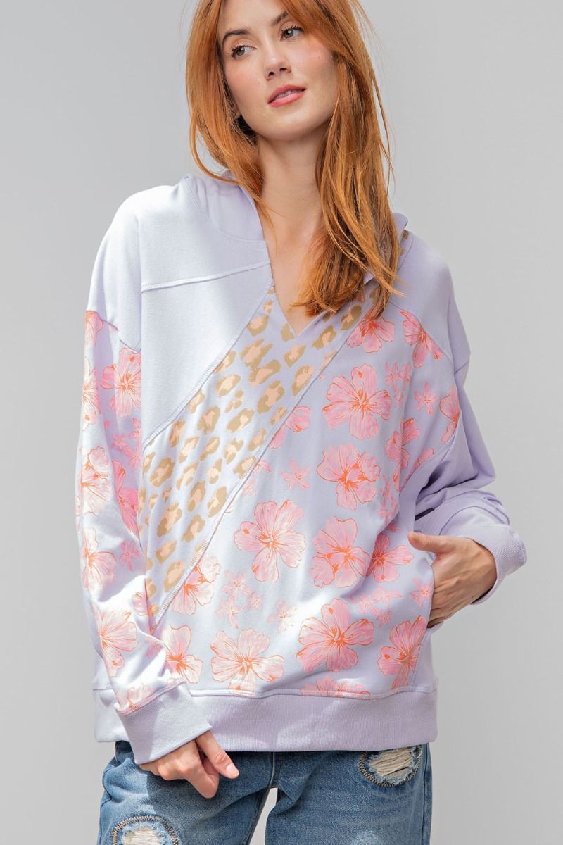 Easel Floral Mix Printed Terry Knit Ribbed Hem Pullover Hoodie - Roulhac Fashion Boutique