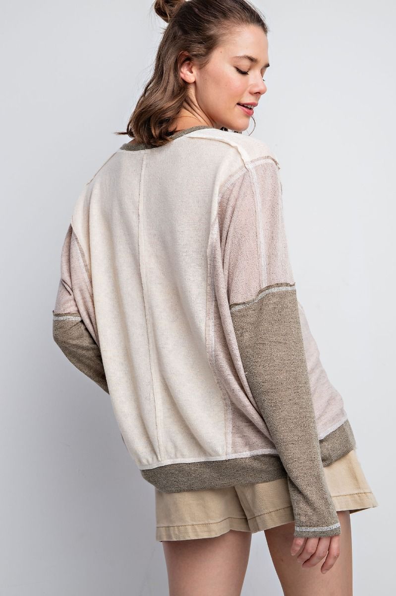 Easel Color Block Dolman Sleeves Hacci Slub Loose Fit Top - Roulhac Fashion Boutique