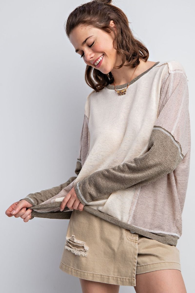 Easel Color Block Dolman Sleeves Hacci Slub Loose Fit Top - Roulhac Fashion Boutique