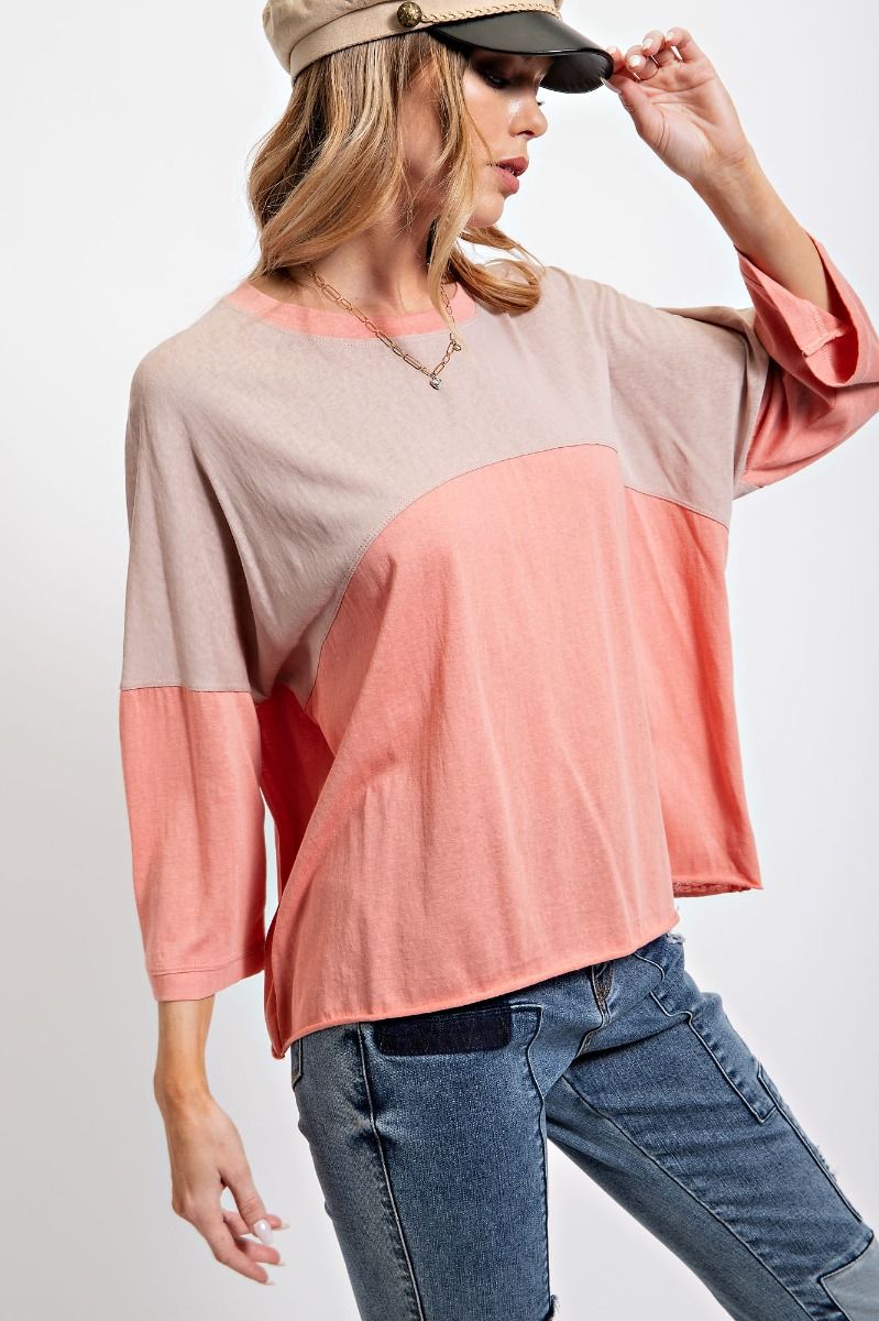 Easel Color Blocked Rounded Neck Cotton Slub Color Block Top - Roulhac Fashion Boutique