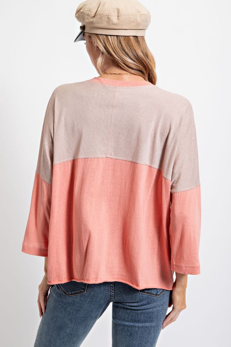 Easel Color Blocked Rounded Neck Cotton Slub Color Block Top - Roulhac Fashion Boutique