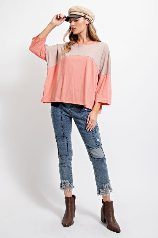 Easel Color Blocked Rounded Neck Cotton Slub Color Block Top - Roulhac Fashion Boutique