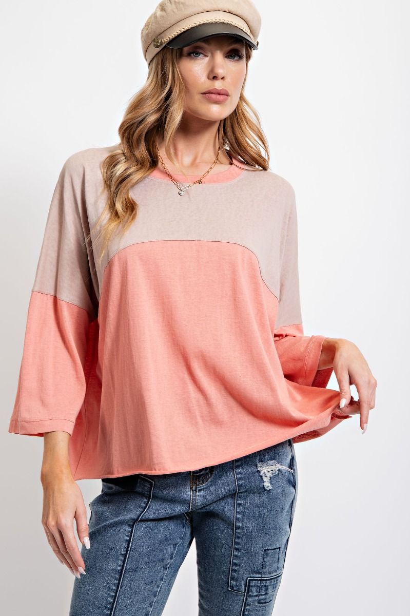 Easel Color Blocked Rounded Neck Cotton Slub Color Block Top - Roulhac Fashion Boutique