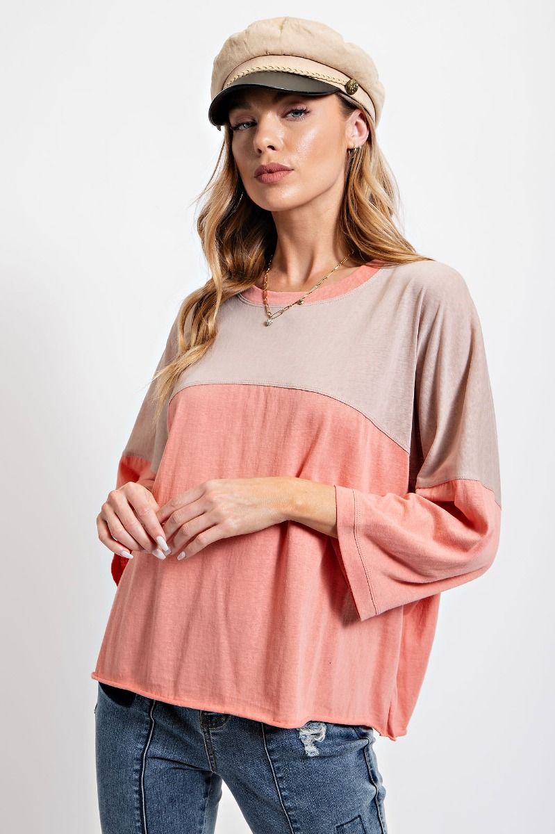 Easel Color Blocked Rounded Neck Cotton Slub Color Block Top - Roulhac Fashion Boutique